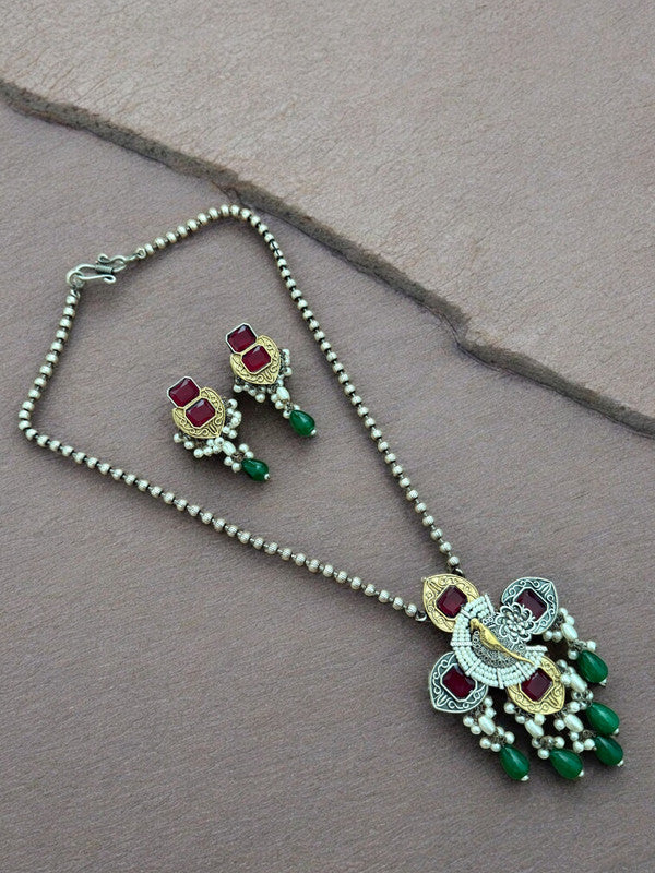 Peacock Elegance Oxidized Necklace Set with Ruby and Emerald Accents