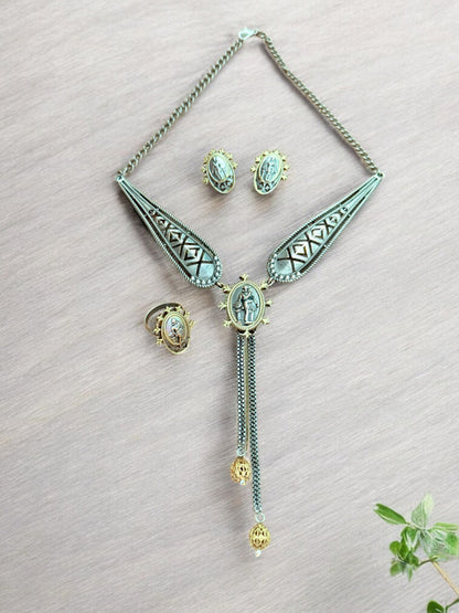 Divine Grace Oxidized Temple Pendant Set with Ring