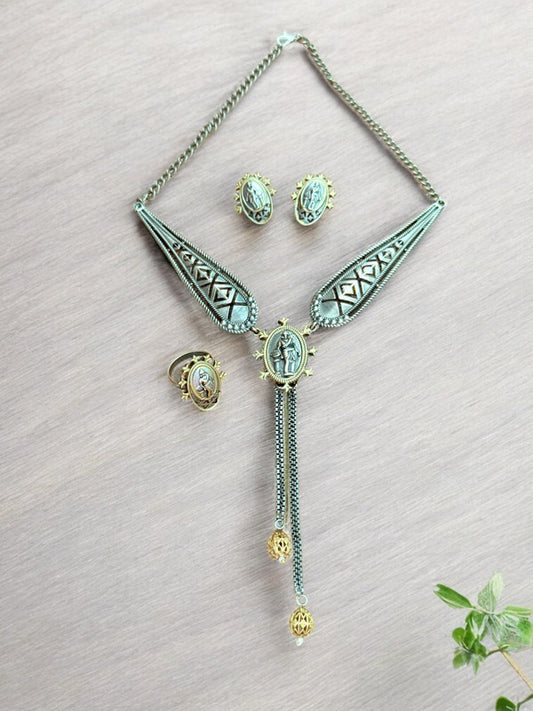 Divine Grace Oxidized Temple Pendant Set with Ring
