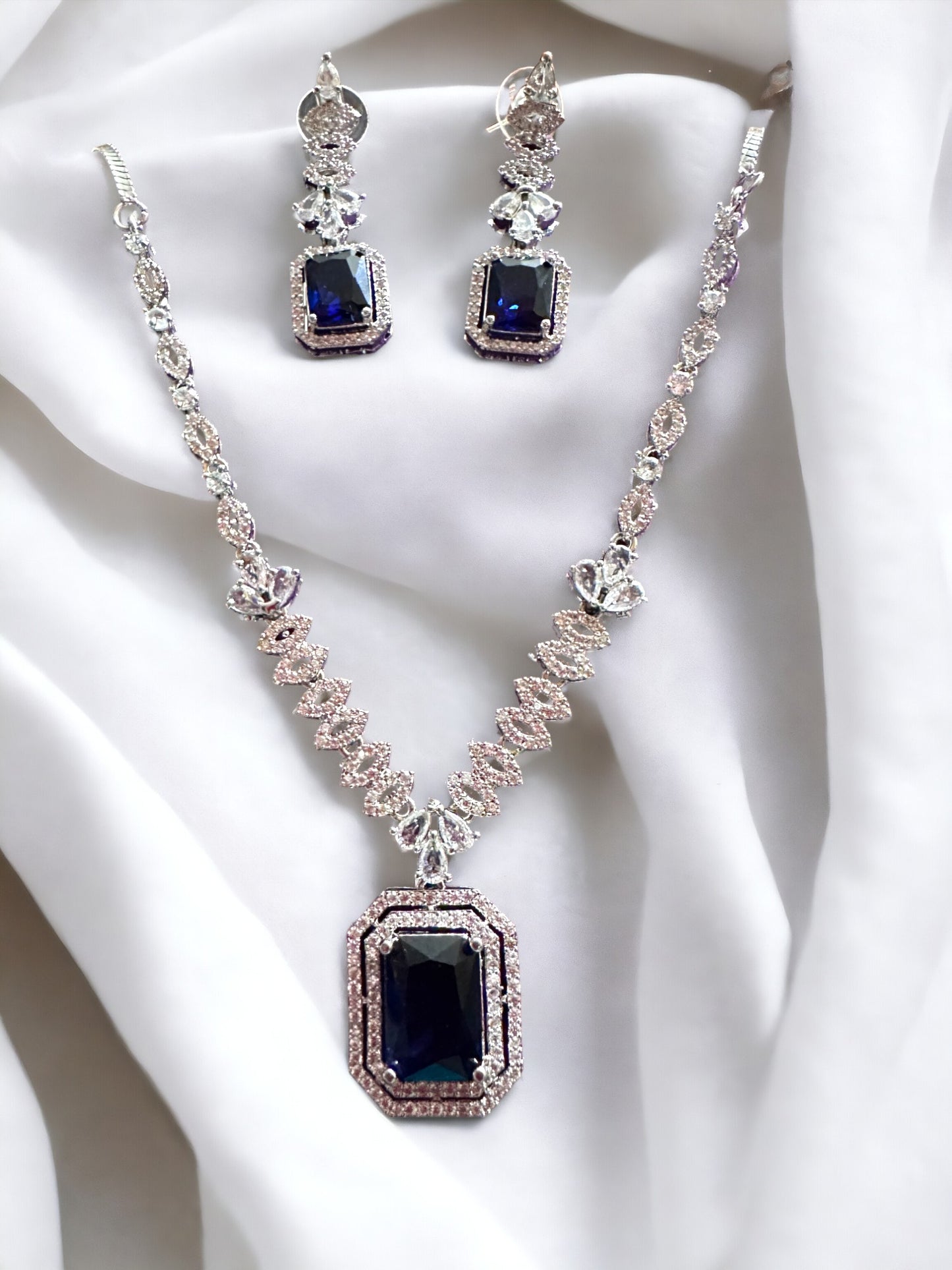 Silver Plated Royal Blue Stone Studded Necklace with Earring