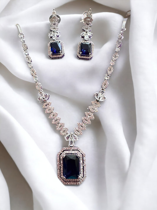 Silver Plated Royal Blue Stone Studded Necklace with Earring