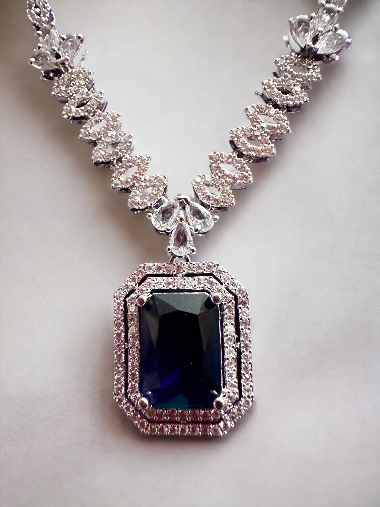 Silver Plated Royal Blue Stone Studded Necklace with Earring