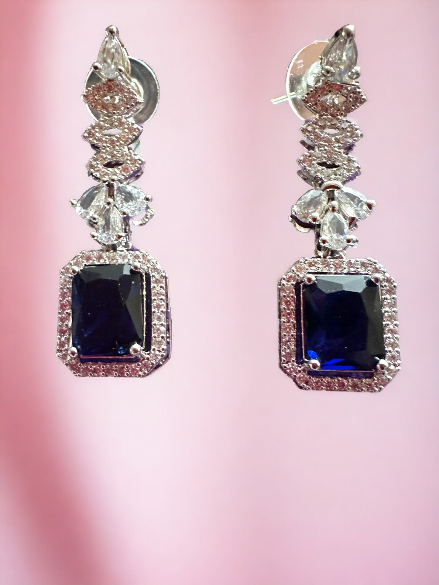 Silver Plated Royal Blue Stone Studded Necklace with Earring