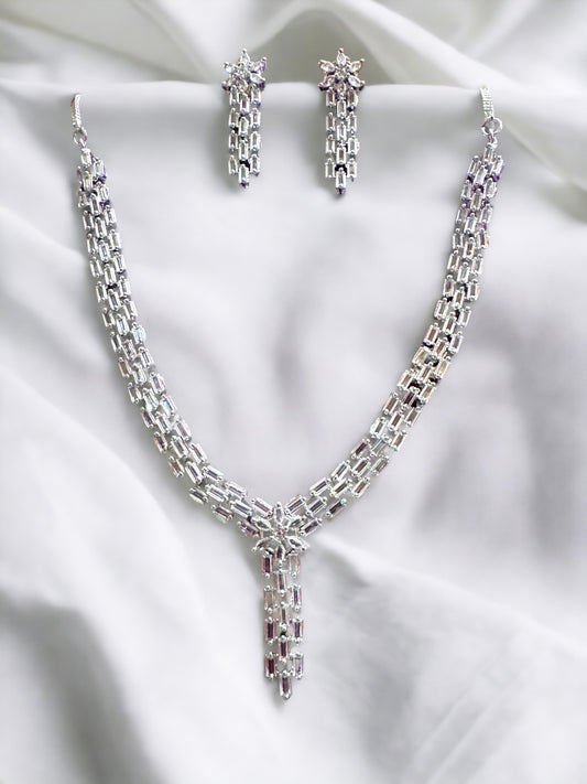 Silver Plated Stone Studded Necklace with Earring