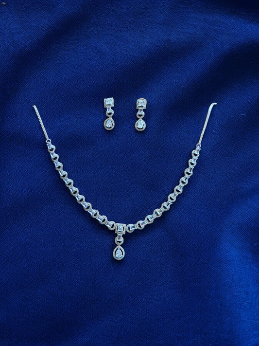 Silver Plated Stone Studded Necklace with Earring