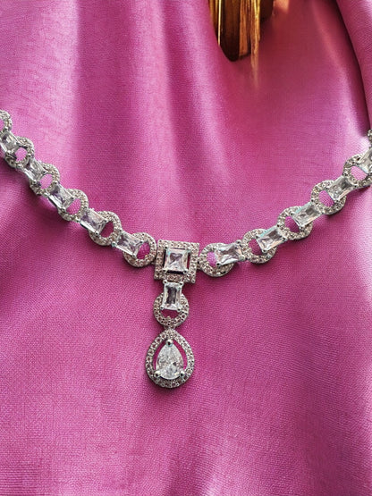 Silver Plated Stone Studded Necklace with Earring