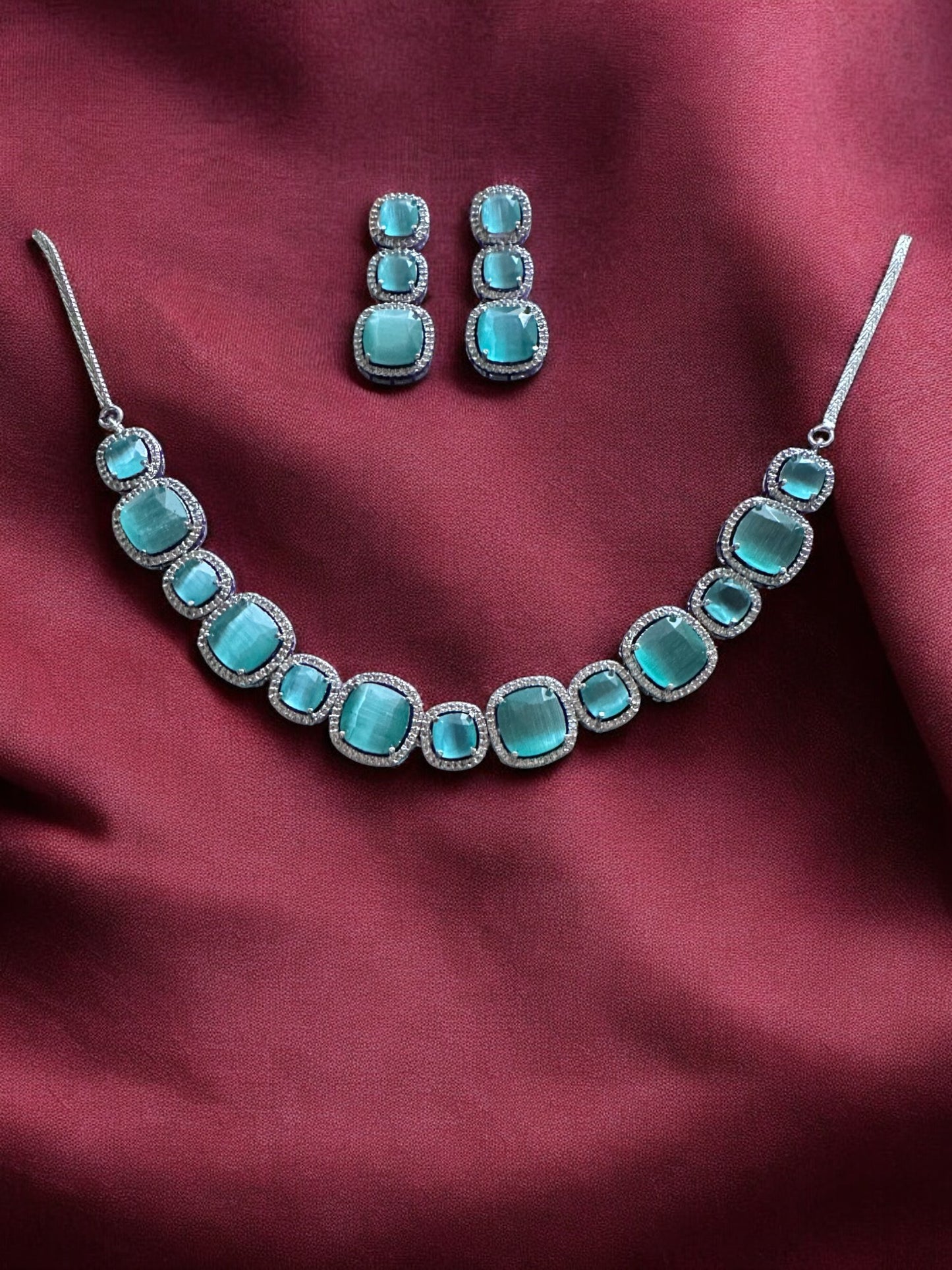 Mint Stone Studded Necklace with Earring