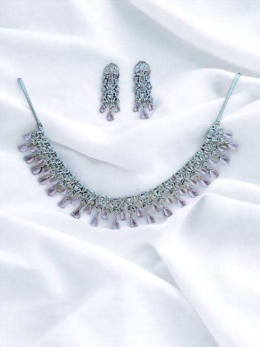 Light Pink Stone Studded Necklace with Earring
