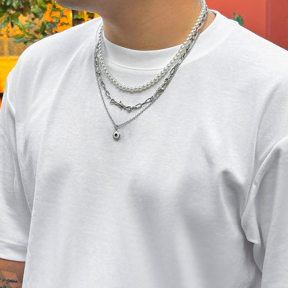 Men Silver Tone Layered Pearl and Chain Necklace with Evil Eye Charm
