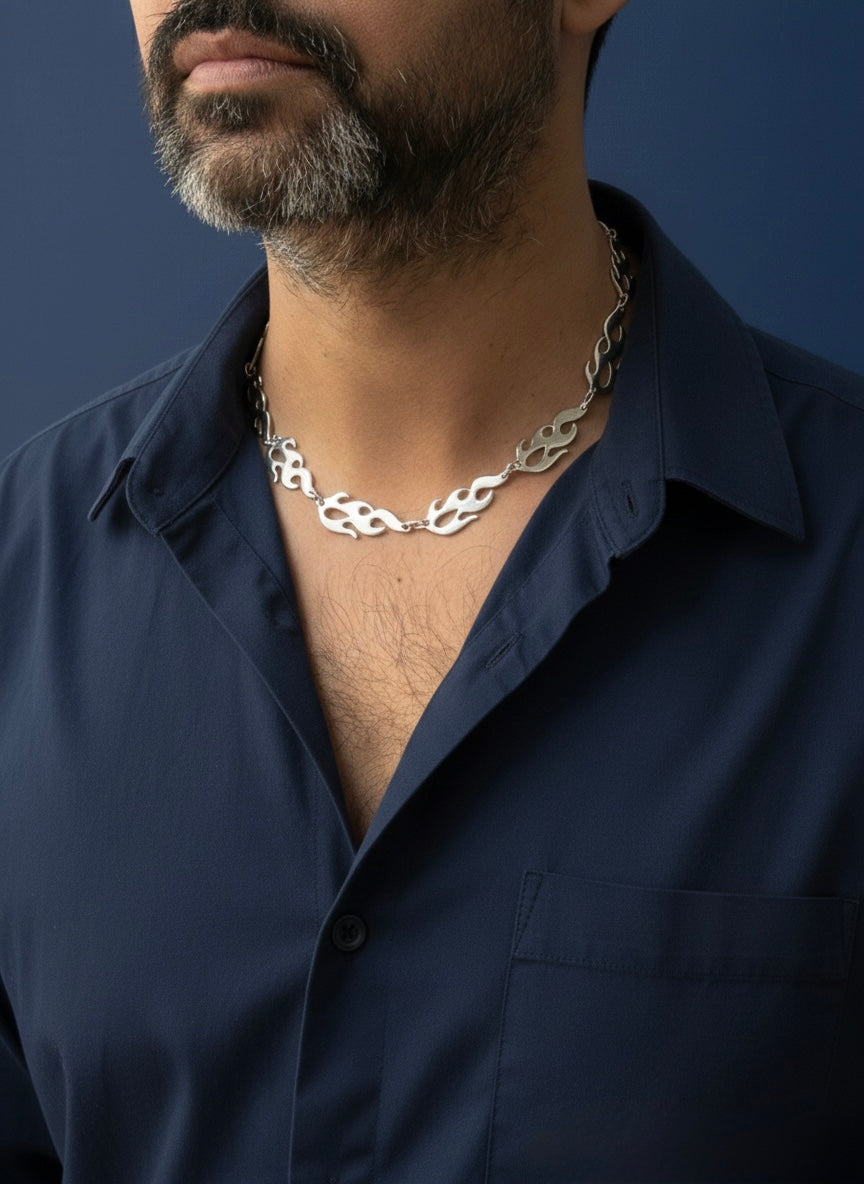 Men Silver Tone flame link statement chain