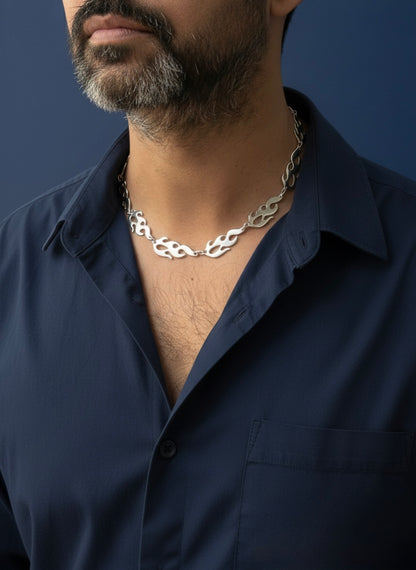 Men Silver Tone flame link statement chain