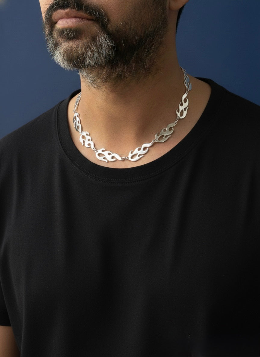 Men Silver Tone flame link statement chain