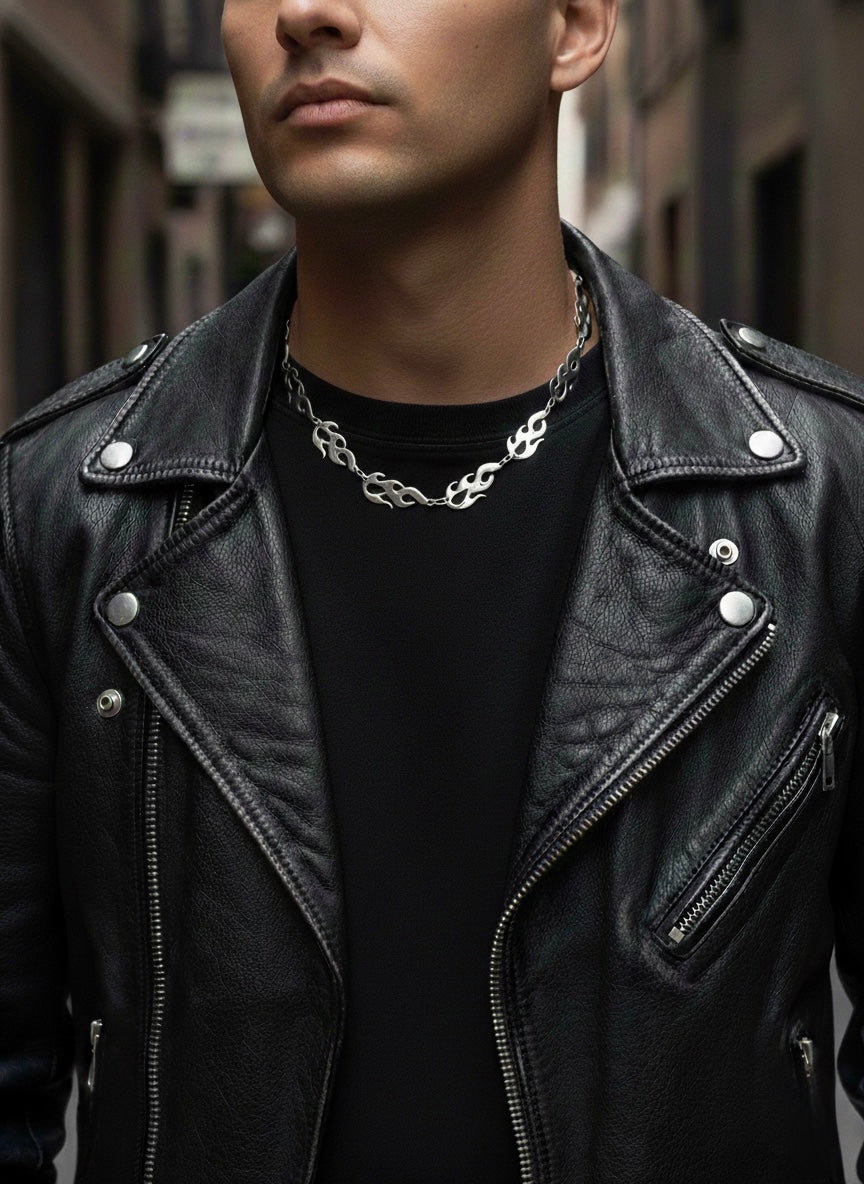 Men Silver Tone flame link statement chain