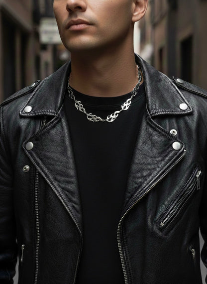 Men Silver Tone flame link statement chain