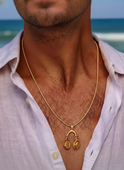 Men Gold Tone Stainless Steel Headphone Pendant Necklace