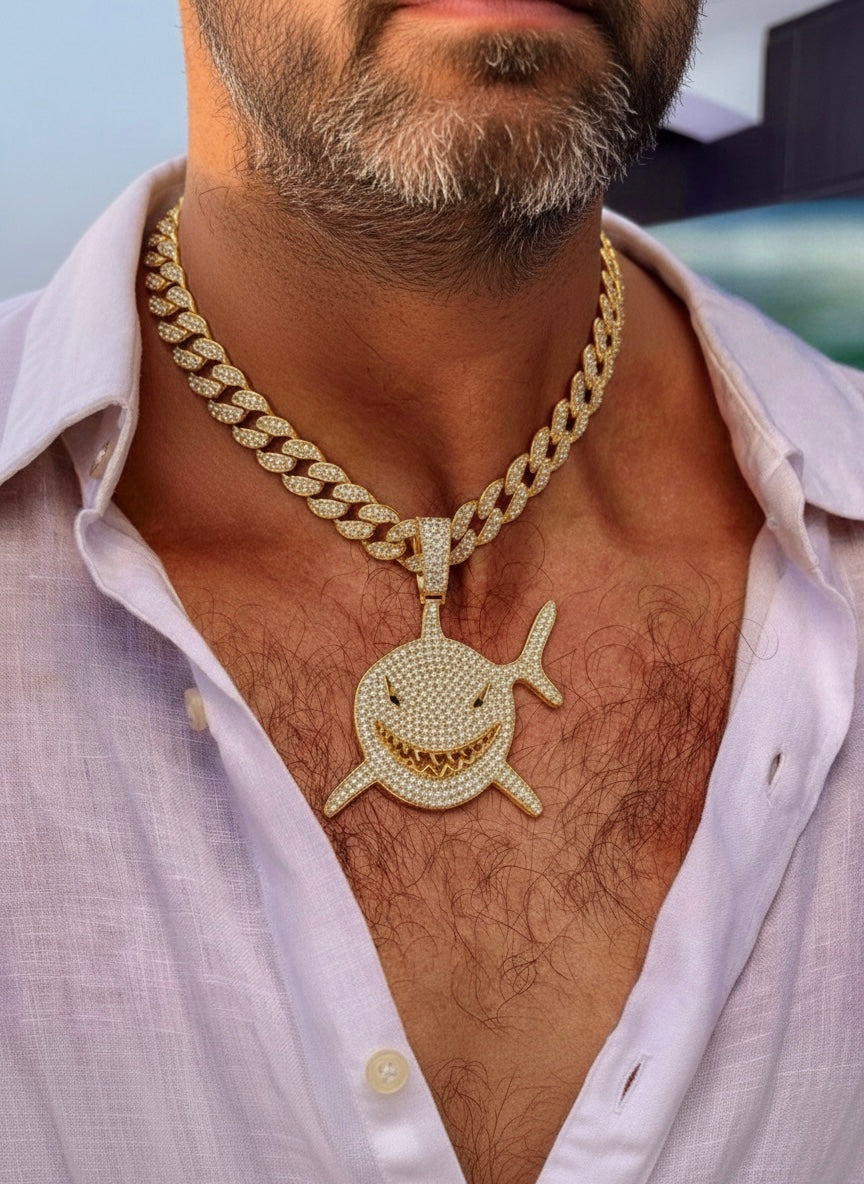 Men Gold Tone Stainless Steel Shark Pendant Necklace