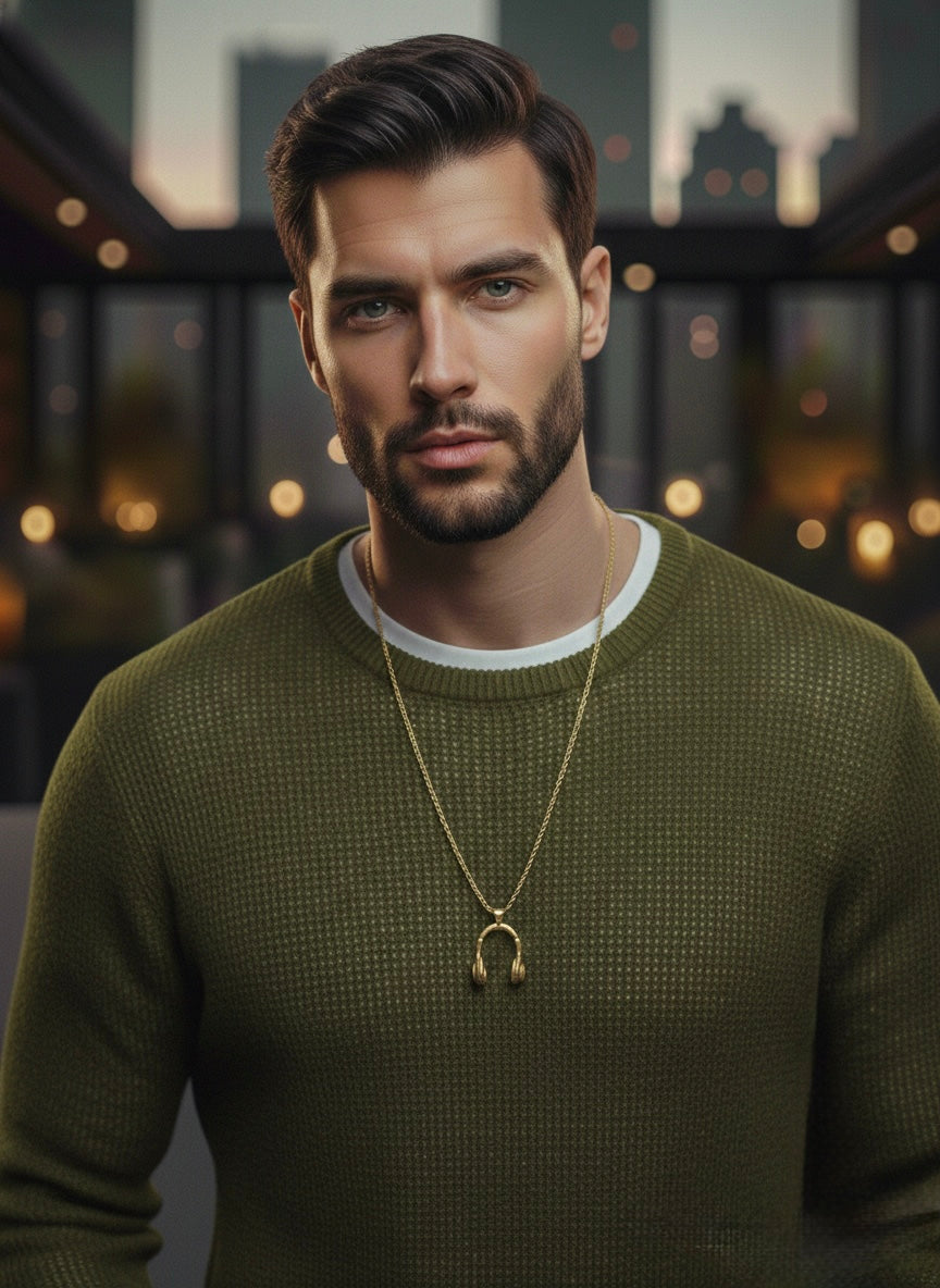 Men Gold Tone Stainless Steel Headphone Pendant Necklace