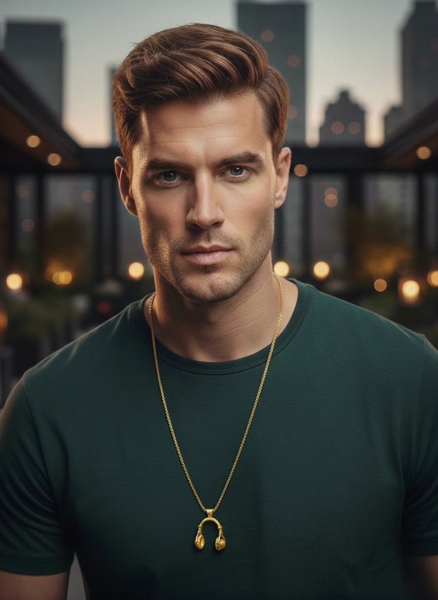 Men Gold Tone Stainless Steel Headphone Pendant Necklace