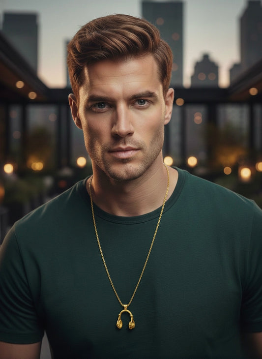 Men Gold Tone Stainless Steel Headphone Pendant Necklace