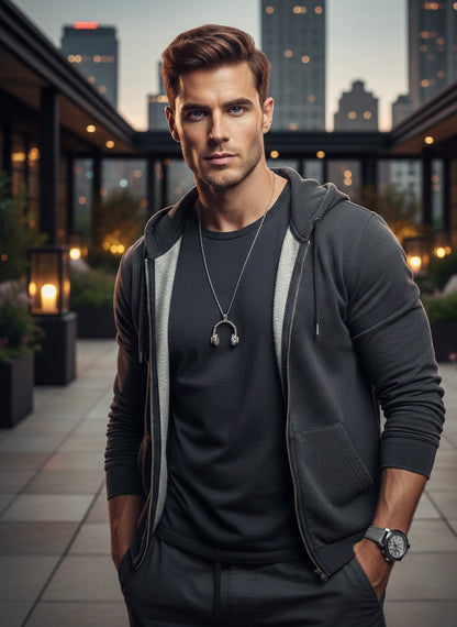 Men Silver Tone Stainless Steel Headphone Pendant Necklace