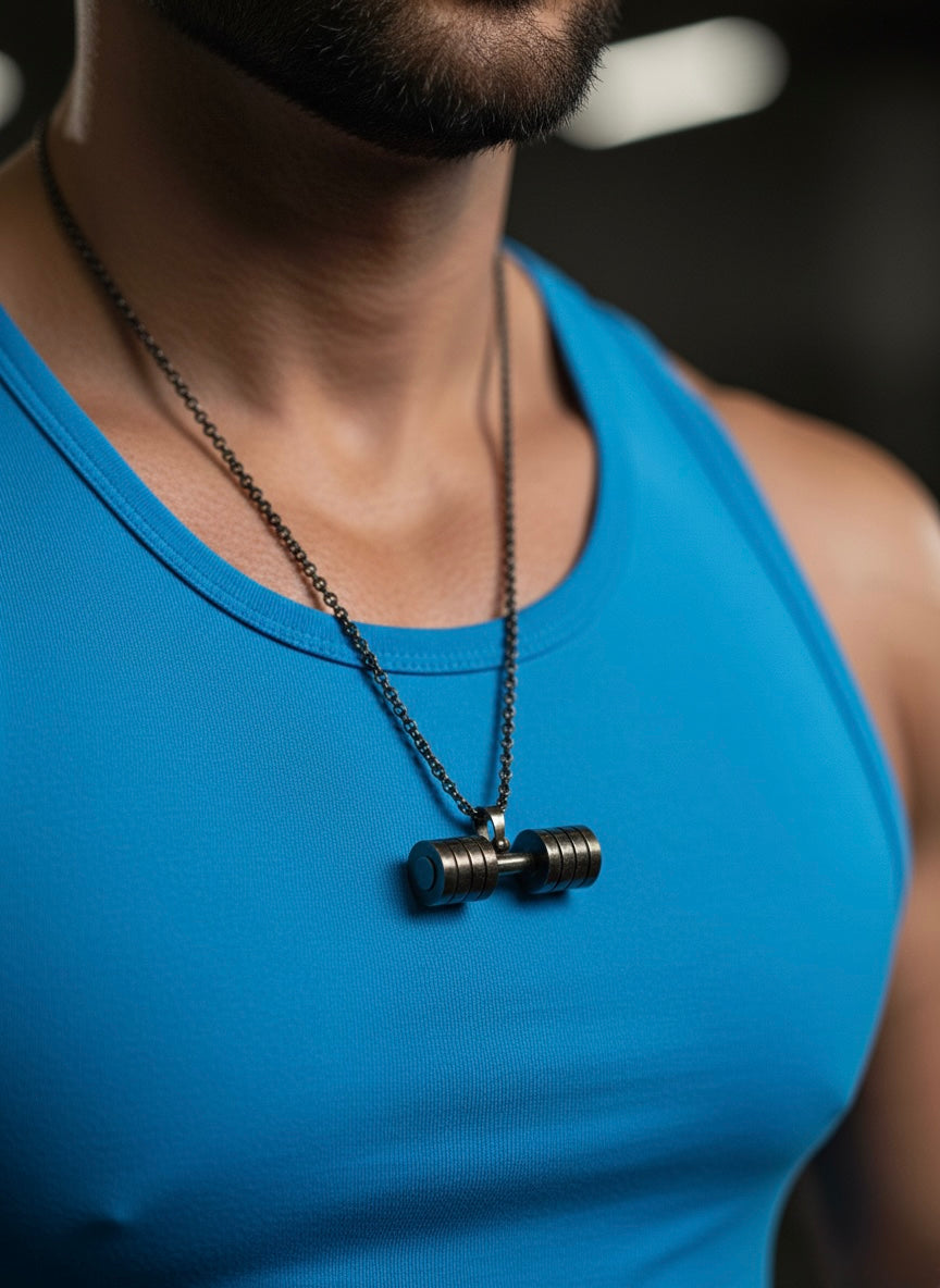 Men Black Tone Stainless Steel Dumbbell Pendant Necklace