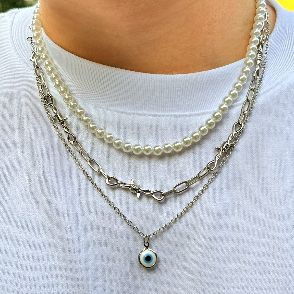 Men Silver Tone Layered Pearl and Chain Necklace with Evil Eye Charm