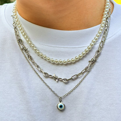 Men Silver Tone Layered Pearl and Chain Necklace with Evil Eye Charm