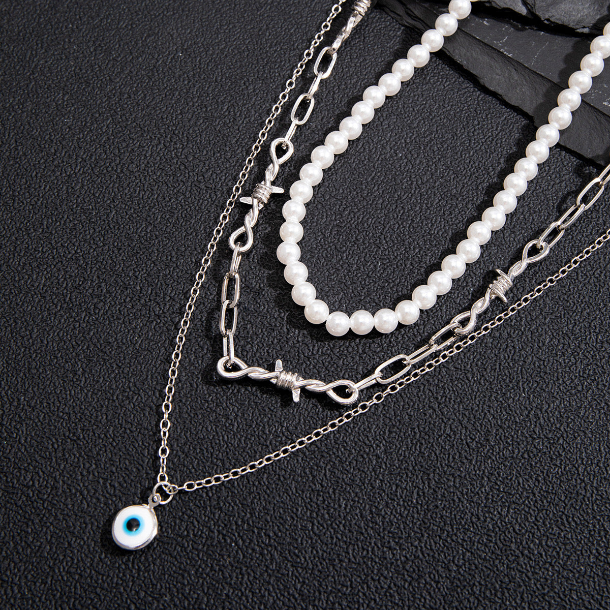 Men Silver Tone Layered Pearl and Chain Necklace with Evil Eye Charm