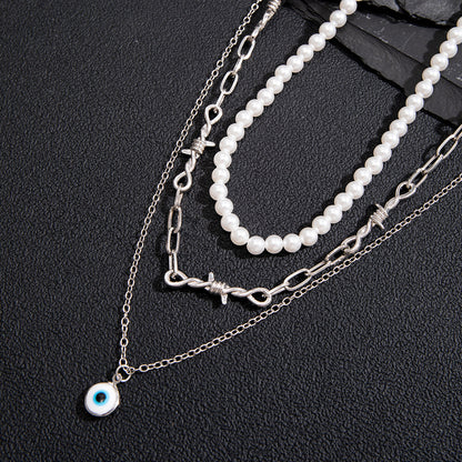 Men Silver Tone Layered Pearl and Chain Necklace with Evil Eye Charm