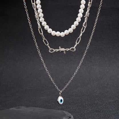 Men Silver Tone Layered Pearl and Chain Necklace with Evil Eye Charm