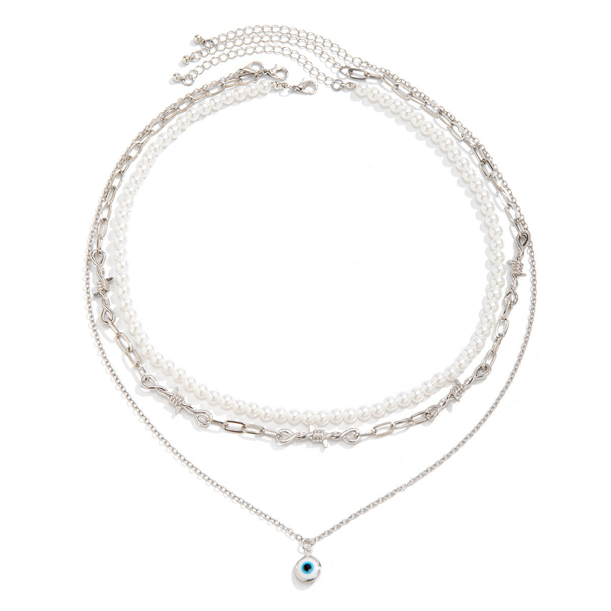 Men Silver Tone Layered Pearl and Chain Necklace with Evil Eye Charm