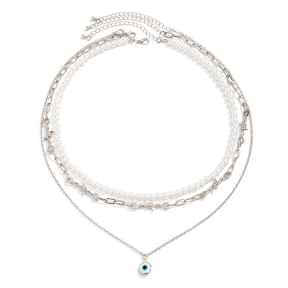 Men Silver Tone Layered Pearl and Chain Necklace with Evil Eye Charm
