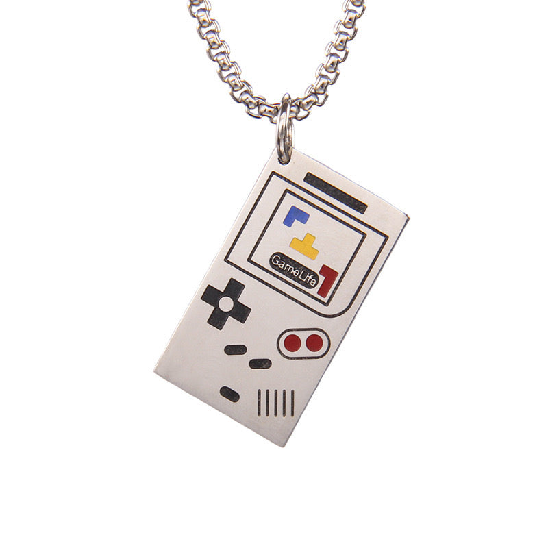 Men Silver Tone Stainless Steel Square Gaming Console Pendant Necklace