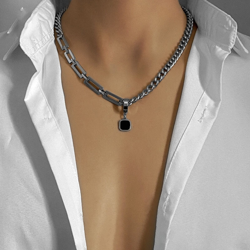 Men Silver Toned asymmetric chain featuring a bold black square Pendant