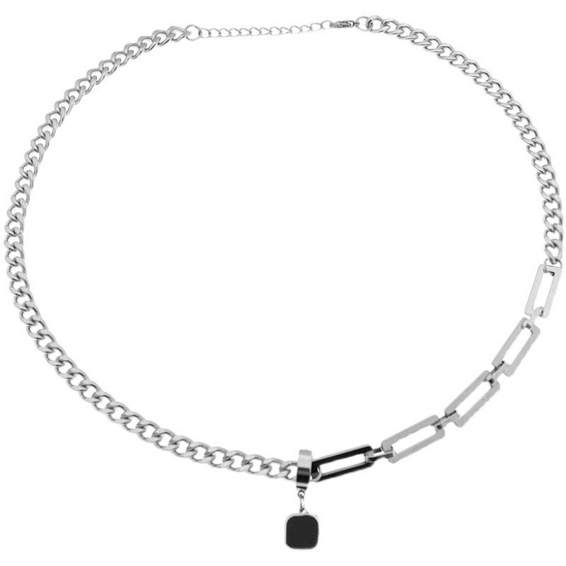 Men Silver Toned asymmetric chain featuring a bold black square Pendant