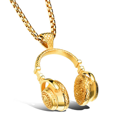 Men Gold Tone Stainless Steel Headphone Pendant Necklace