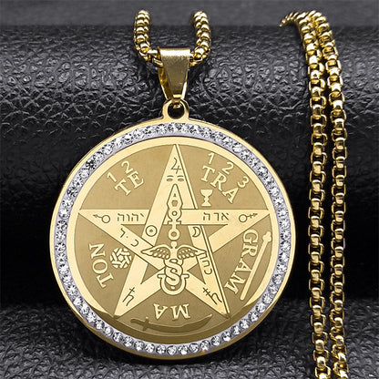 Men Gold Tone Stainless Steel Compass Pendant Necklace with Rhinestone Detail