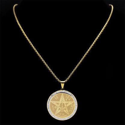 Men Gold Tone Stainless Steel Compass Pendant Necklace with Rhinestone Detail