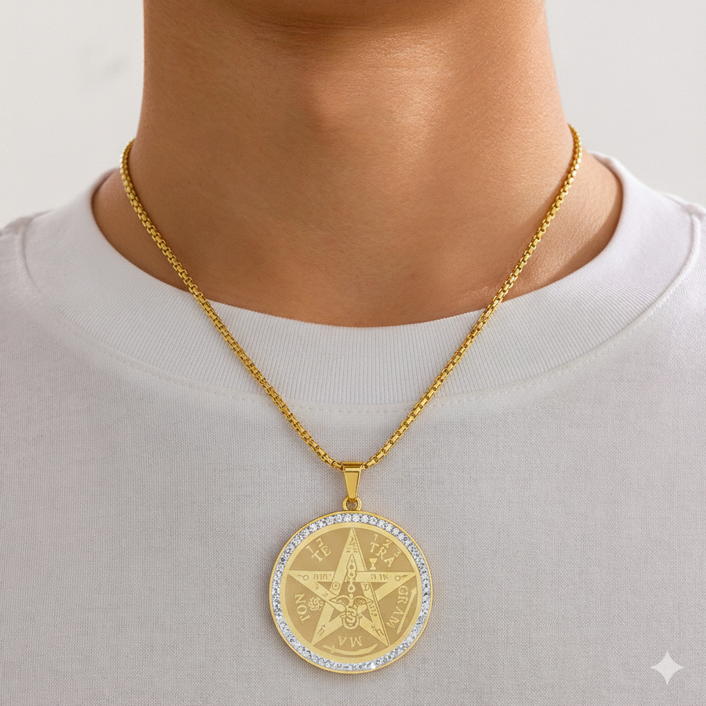Men Gold Tone Stainless Steel Compass Pendant Necklace with Rhinestone Detail