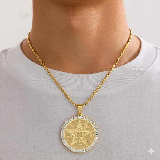 Men Gold Tone Stainless Steel Compass Pendant Necklace with Rhinestone Detail