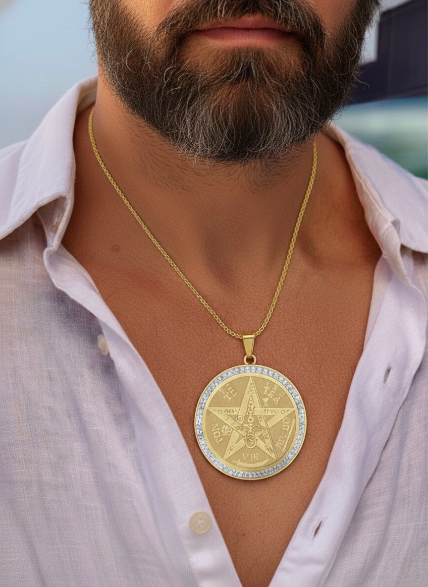 Men Gold Tone Stainless Steel Compass Pendant Necklace with Rhinestone Detail