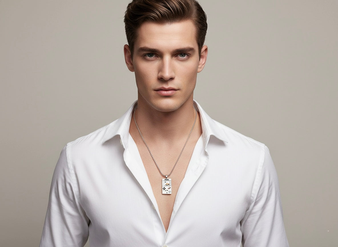 Men Silver Tone Stainless Steel Square Gaming Console Pendant Necklace