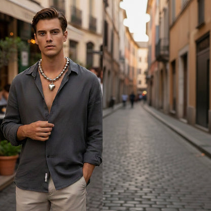 Men Silver Tone Beaded Necklace with Heart Pendant