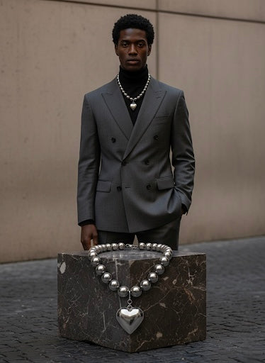 Men Silver Tone Beaded Necklace with Heart Pendant