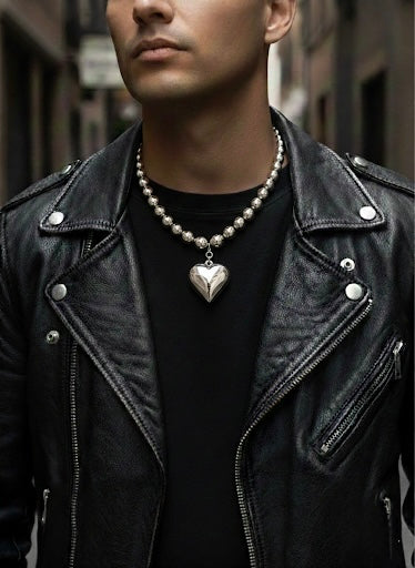 Men Silver Tone Beaded Necklace with Heart Pendant