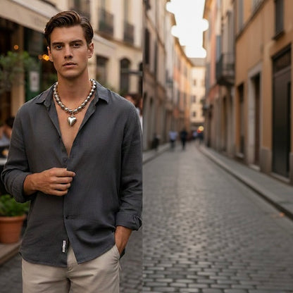 Men Silver Tone Beaded Necklace with Heart Pendant