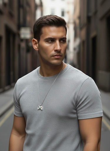 Men Silver Tone Stainless Steel Gaming Console Pendant Necklace