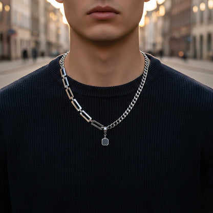 Men Silver Toned asymmetric chain featuring a bold black square Pendant