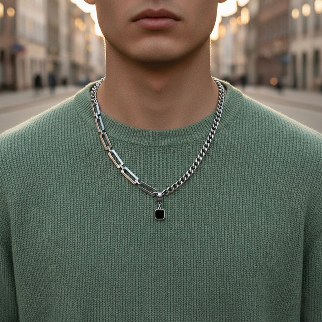 Men Silver Toned asymmetric chain featuring a bold black square Pendant