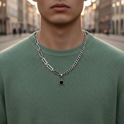 Men Silver Toned asymmetric chain featuring a bold black square Pendant